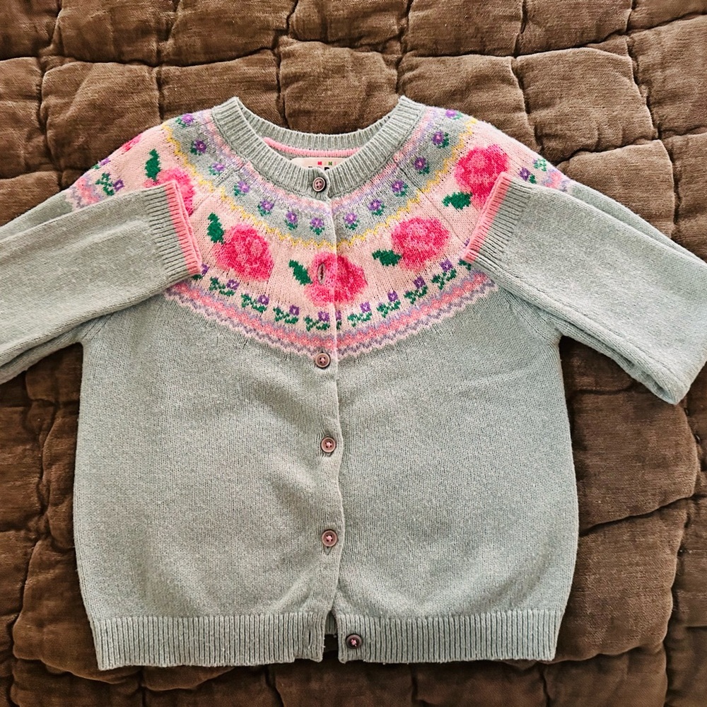 Mini Boden Light Sage Floral Yoke Cardigan with Pink Rose Detail